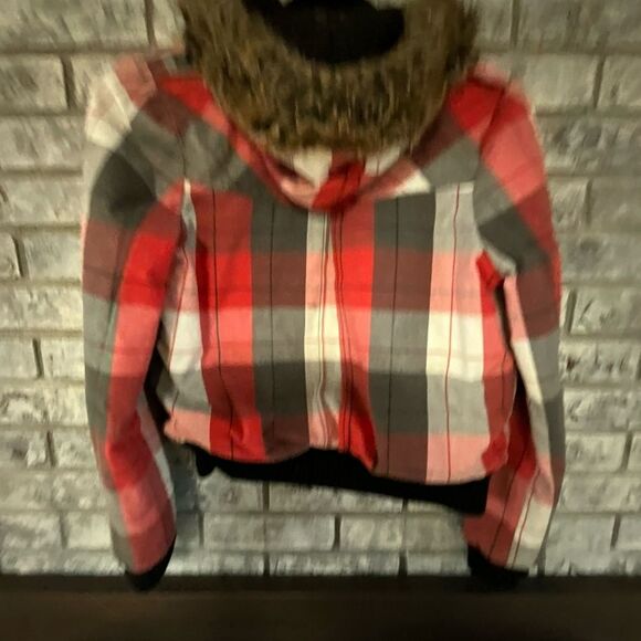 Roxy Red & Gray Plaid Bomber Jacket with Faux Fur Hood – Size S - Picture 5 of 10